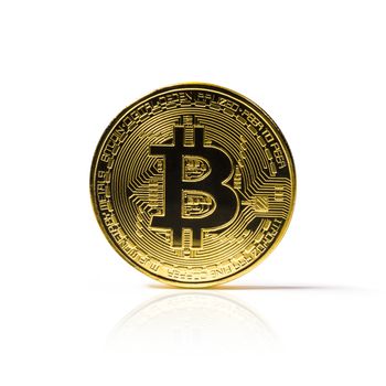 Golden Bitcoin coin on white background. Cryptocurrency