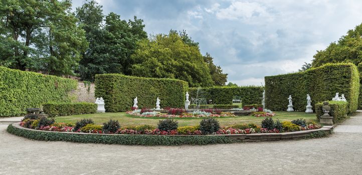 beautifull english garden with green plants and flowers , decoartion and water pond with  borders