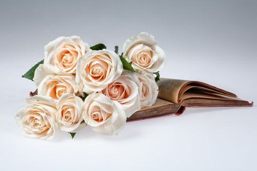 Bouquet of flowers and book on a studio background