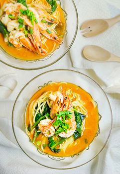 top view of seafood ramen , hot and spicy