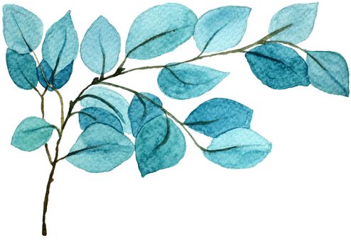 Blue retro exotic branch with leaves. Ornate delicate watercolor flowers for wedding invitations, greeting cards, blogs, posters and more