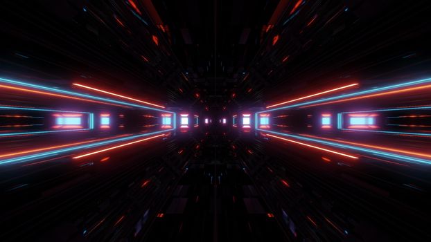 futuristic science-fiction lights glowing tunnel corridor 3d illustration background, modern movement fast speed tunnel 3d render wallpaper