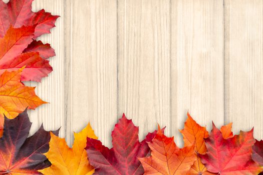 Border of autumn maple leaves on wooden background - a beautiful template for an autumn card or congratulations.