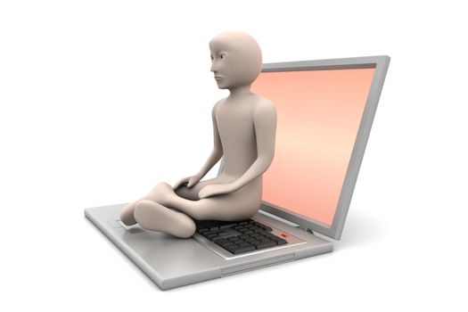 3d man in meditation with laptop