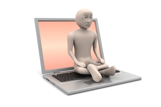 3d man in meditation with laptop