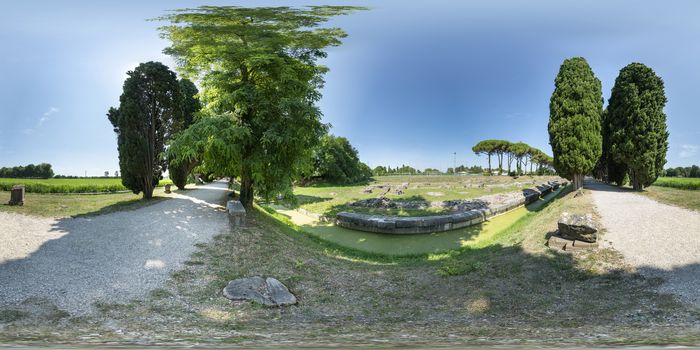 Aquileia, Friuli Venezia Giulia region, Italy. 360 degree panoramic view of the archaeological area  of the ancient Roman fluvial port