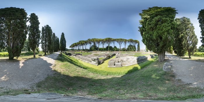 Aquileia, Friuli Venezia Giulia region, Italy. 360 degree panoramic view of the archaeological area  of the ancient Roman fluvial port