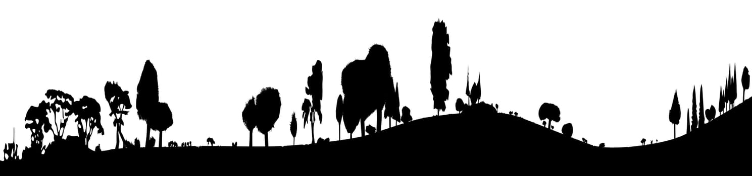 Silhouette of a wooded foreground set on a hill background