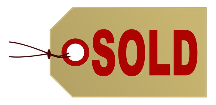 A sold marked parcel tag in light brown card on a white background