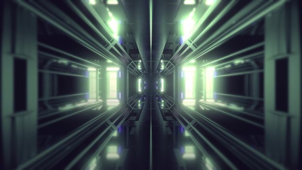 futuristic science-fiction tunnel corridor 3d illustration background, modern future space airship tunnel 3d render wallpaper