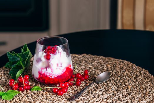 Ice Cream Dessert with Red Currant Jam and Fresh Berries.