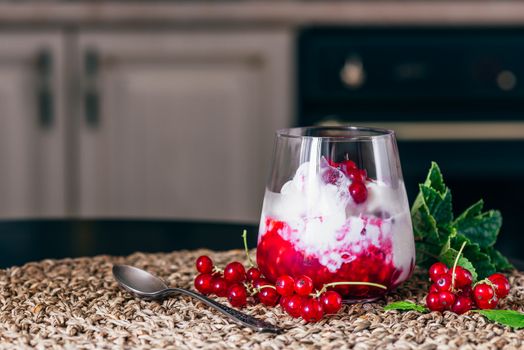 Ice Cream Dessert with Red Currant Jam and Fresh Berries.