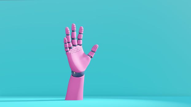 3D illustration, robot hand mannequin body part, pink blue pastel colors. Trend design