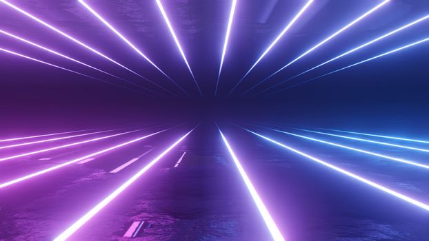 Neon Background 3D Illustration. Glowing Horizontal Lines