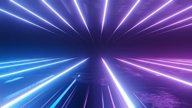 Neon Background 3D Illustration. Glowing Horizontal Lines