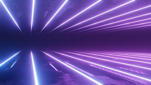 Neon Background 3D Illustration. Glowing Horizontal Lines