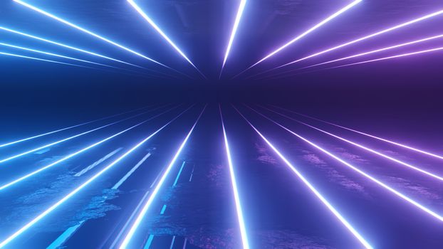 Neon Background 3D Illustration. Glowing Horizontal Lines