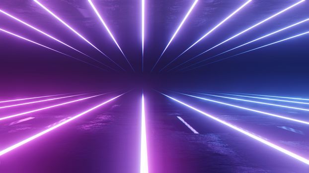 Neon Background 3D Illustration. Glowing Horizontal Lines