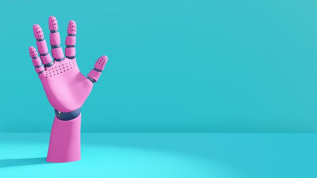3D illustration, robot hand mannequin body part, pink blue pastel colors. Trend design