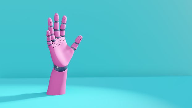 3D illustration, robot hand mannequin body part, pink blue pastel colors. Trend design