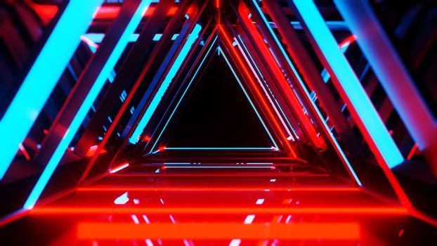 Abstract neon triangles with black empty copy space inside. 3D illustration