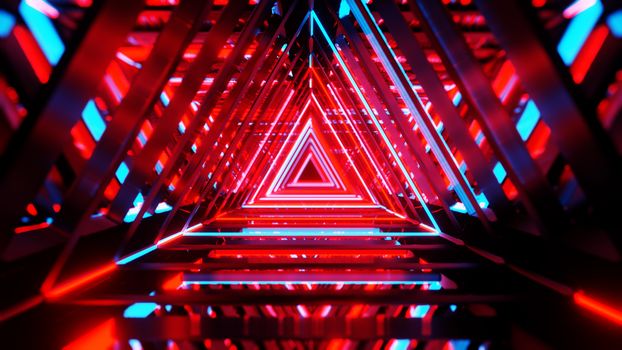 Abstract neon triangles with black empty copy space inside. 3D illustration