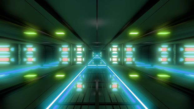 futuristic science-fiction tunnel corridor 3d illustration background, modern future space airship tunnel 3d render wallpaper