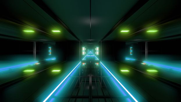 futuristic science-fiction tunnel corridor 3d illustration background, modern future space airship tunnel 3d render wallpaper