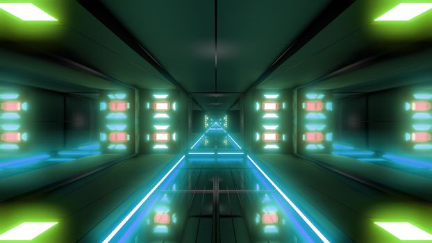 futuristic science-fiction tunnel corridor 3d illustration background, modern future space airship tunnel 3d render wallpaper