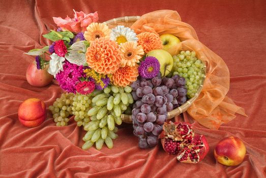 Fruits and flowers on a studio background