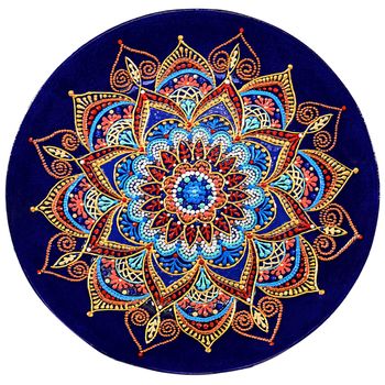Decorative ceramic dish painted with hands. Art, handmade. Pattern mandala