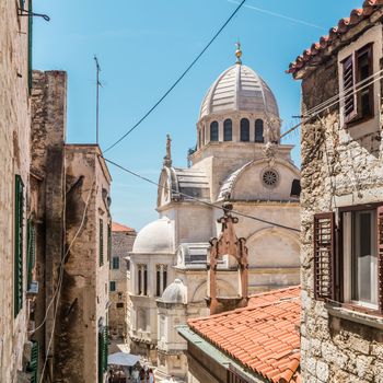 Croatia, city of Sibenik, panoramic view of the old town center and cathedral of St James, most important architectural monument of the Renaissance era in Croatia, UNESCO World Heritage.