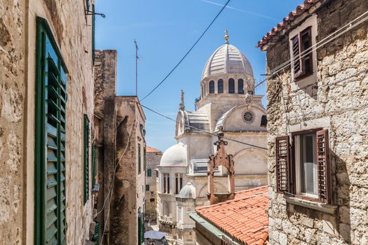 Croatia, city of Sibenik, panoramic view of the old town center and cathedral of St James, most important architectural monument of the Renaissance era in Croatia, UNESCO World Heritage.