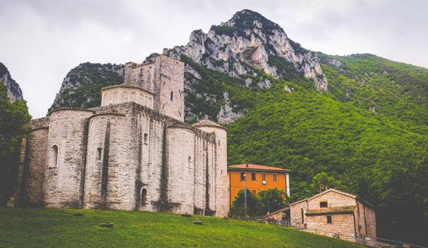 mountain abbey of San Vittore in Marche region - Italy .
