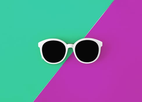 Sunny stylish white sunglasses on a bright green-cyan and crimson-pink background, top view, isolated. Copy space. Flat lay.