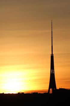 TV tower at sunset in summer time in Riga, Latvia.