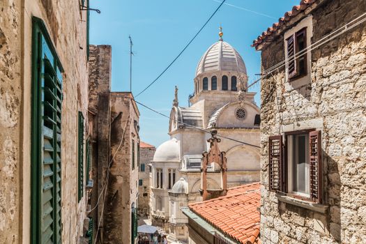 Croatia, city of Sibenik, panoramic view of the old town center and cathedral of St James, most important architectural monument of the Renaissance era in Croatia, UNESCO World Heritage.