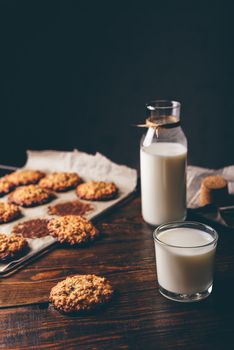 Oatmeal Cookies with Raisins and Glass of Milk for Breakfast. Some Cookies on Parchment Paper with Bottle on Backdrop. Copy Space on the Top.