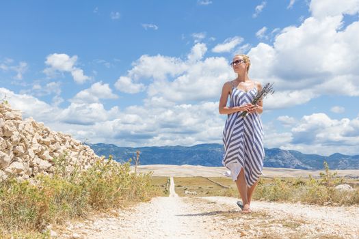 Caucasian young woman in summer dress holding bouquet of lavender flowers while walking outdoor through dry rocky Mediterranean Croatian coast lanscape on Pag island in summertime.