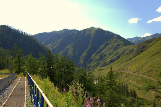 Fragment of the fence on the observation deck overlooking the picturesque valley. Altai, Siberia, Russia.