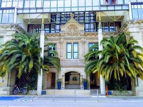 Luxury hotel in France the facade of the building is decorated with live palm trees,summer 2019.