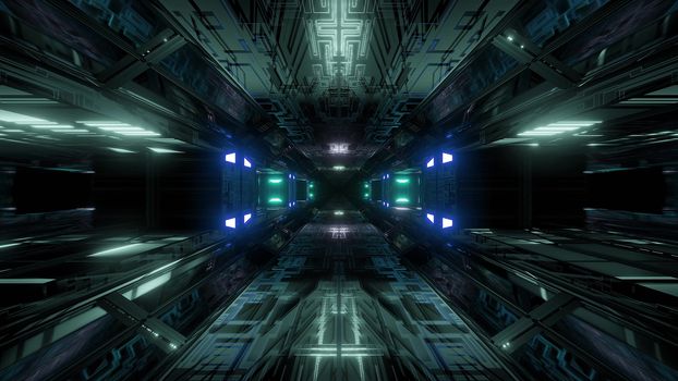 futuristic science-fiction tunnel corridor 3d illustration background, modern future space airship tunnel 3d render wallpaper