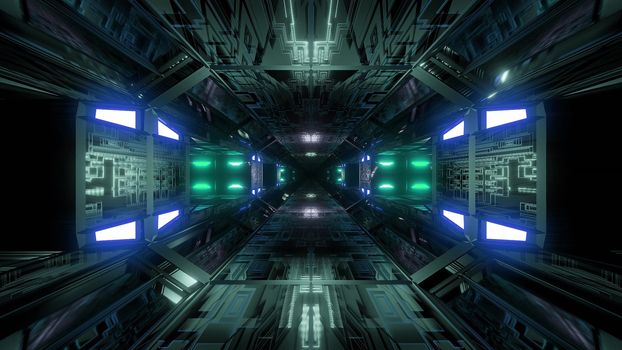 futuristic science-fiction tunnel corridor 3d illustration background, modern future space airship tunnel 3d render wallpaper