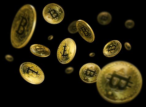 Gold Bitcoin coins flying on a black background.