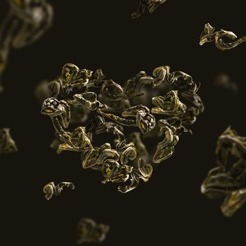 green tea leaves in flight in the shape of a heart.