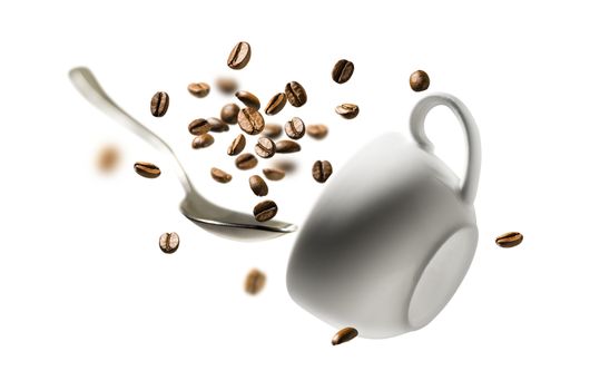 Coffee beans spoon and Cup in flight.