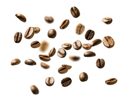Coffee beans in flight on white background.
