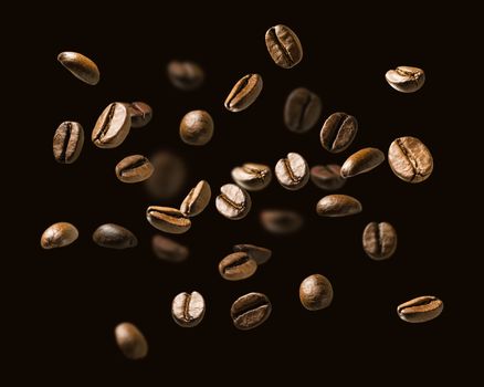 Coffee beans in flight on a dark background.