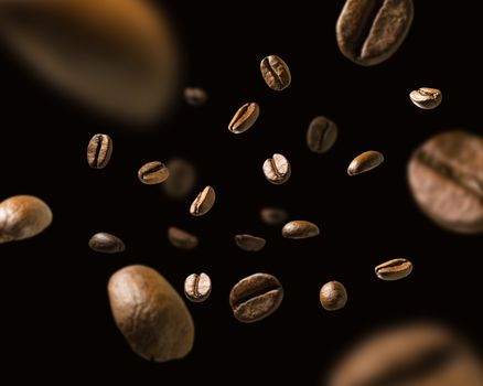 Coffee beans in flight on a dark background.