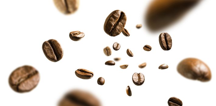 Coffee beans in flight on white background.